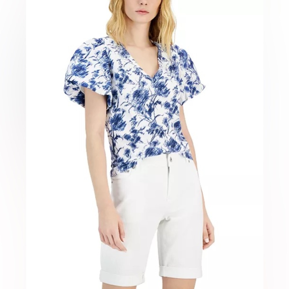 (XS:NWT) $39.50|INC International Concepts Printed Puff-Sleeve, Phoebe Blooms